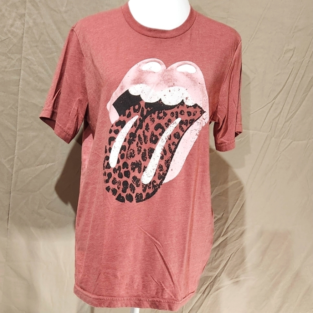 Rolling Stones logo leopard print soft‎ rose cotton blend short sleeve top